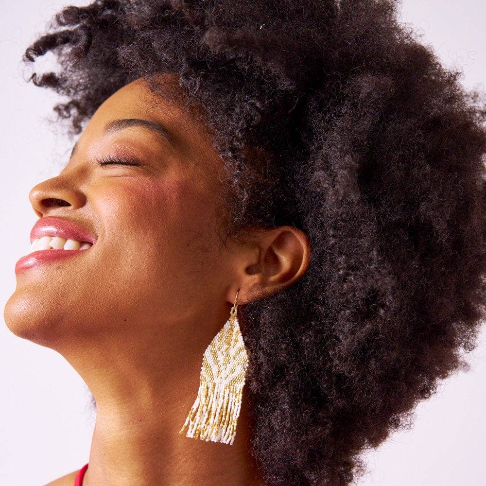 Delilah Zebra Print Beaded Fringe Earrings Ivory + Gold