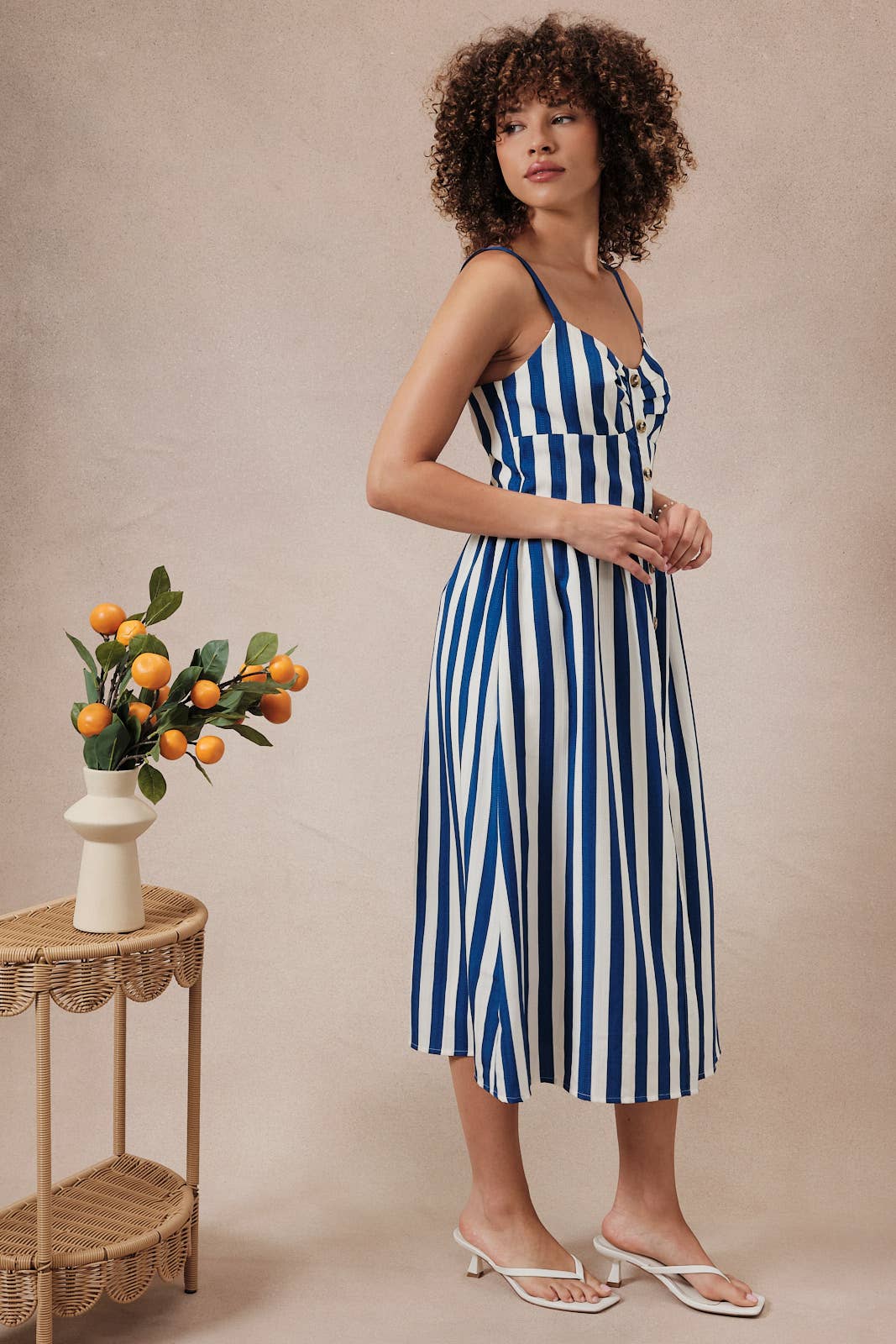 Sleeveless Button Down Fit & Flare Stripe Midi Dress