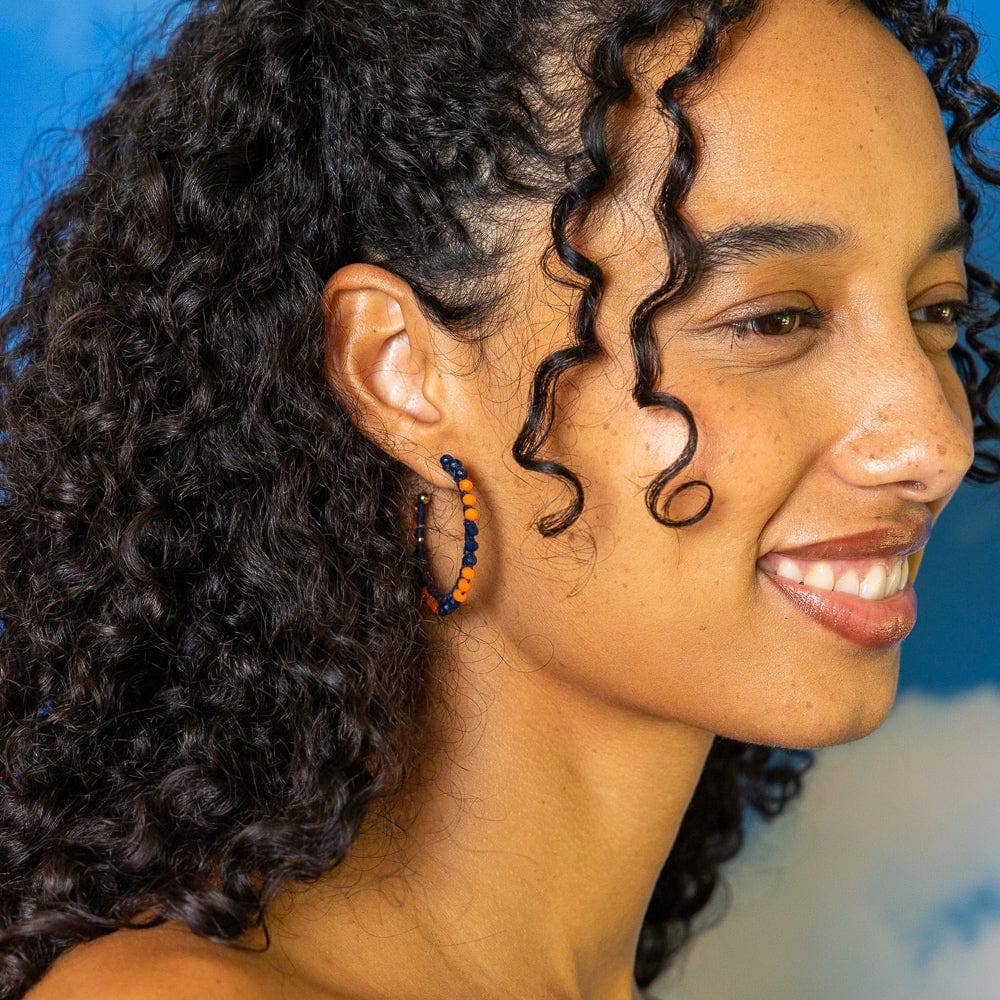 Game Day Crystal Threaded Beads Hoop Earrings Navy + Orange