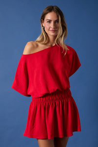 BOAT NECK SHORT SLEEVE CINCHED WAIST MINI DRESS