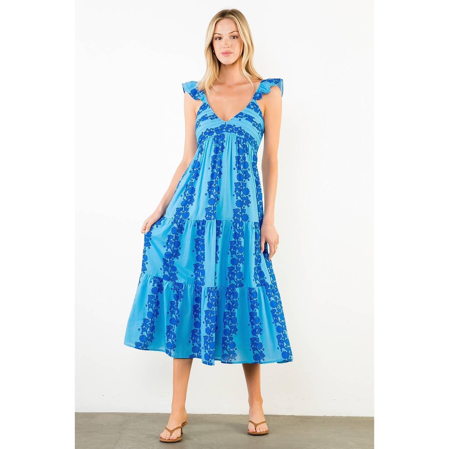 Flutter Sleeve Patterned Print Midi Dress