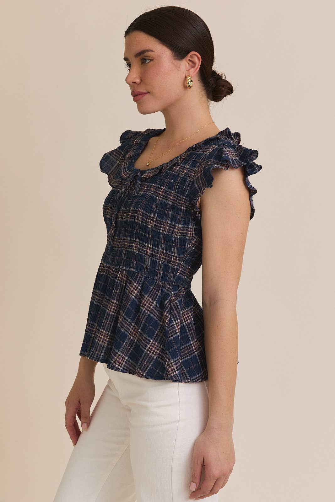 SCOOP NECK SMOCKED RUFFLE PLAID TOP