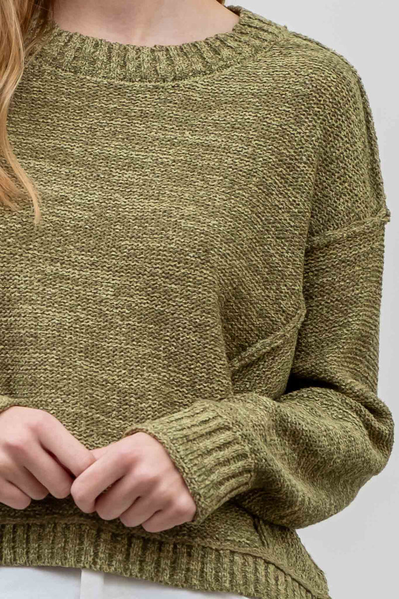 EXPOSED SEAM DROP SHOULDER PULLOVER SWEATER