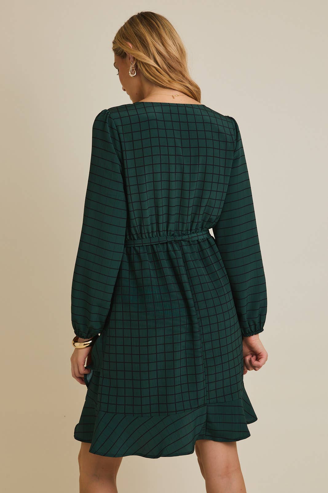 ROUND NECK LONG SLEEVE WAIST TIE GRID MINI DRESS