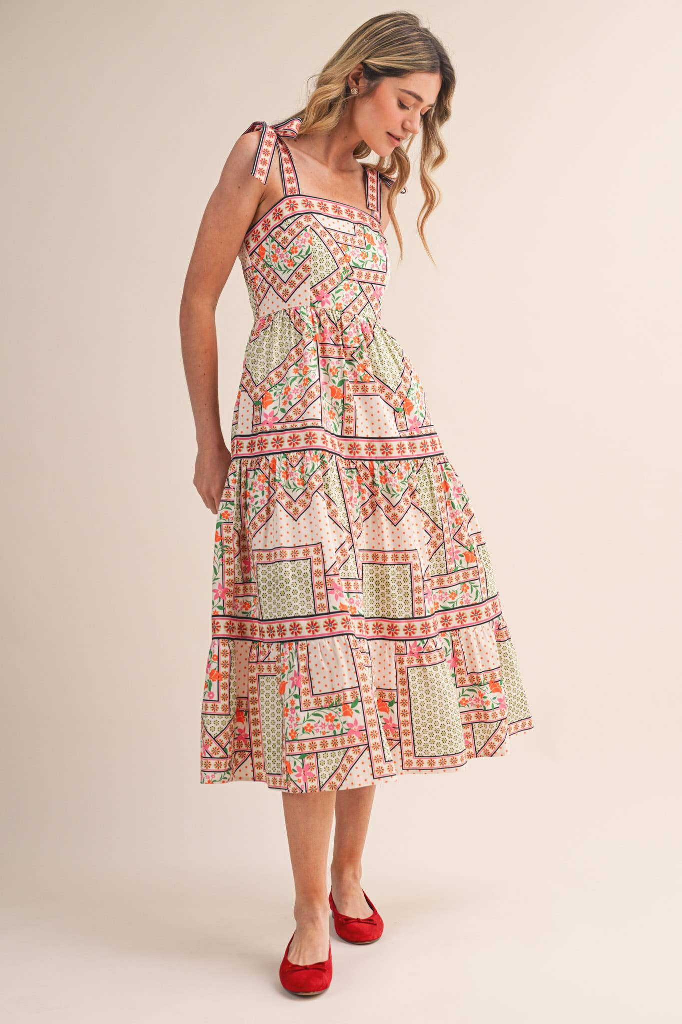 Exclusive Floral Patchwork Tie Strap Midi Dress