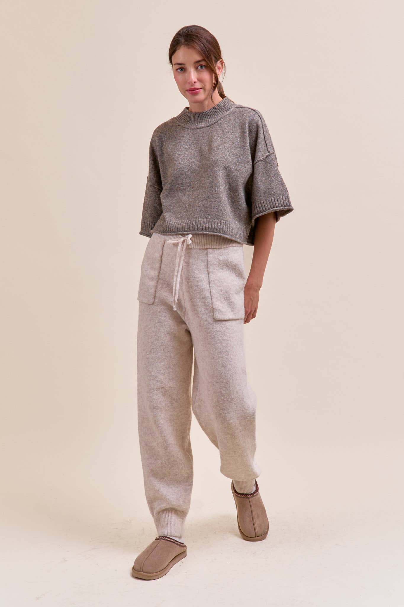 Marled Knit Mock Neck Short Sleeve Sweater
