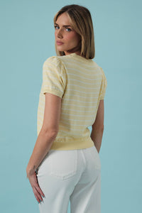 HALF SLEEVE CREW NECK PUFF STRIPED SWEATER TOP