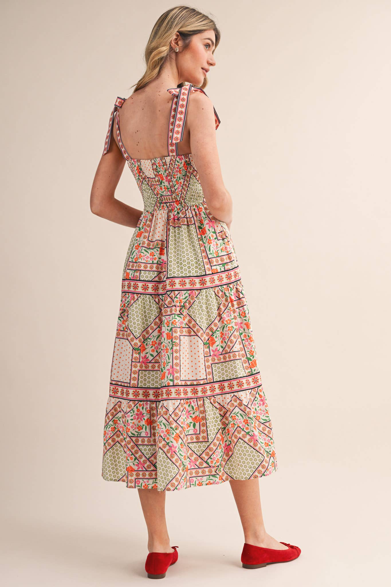 Exclusive Floral Patchwork Tie Strap Midi Dress
