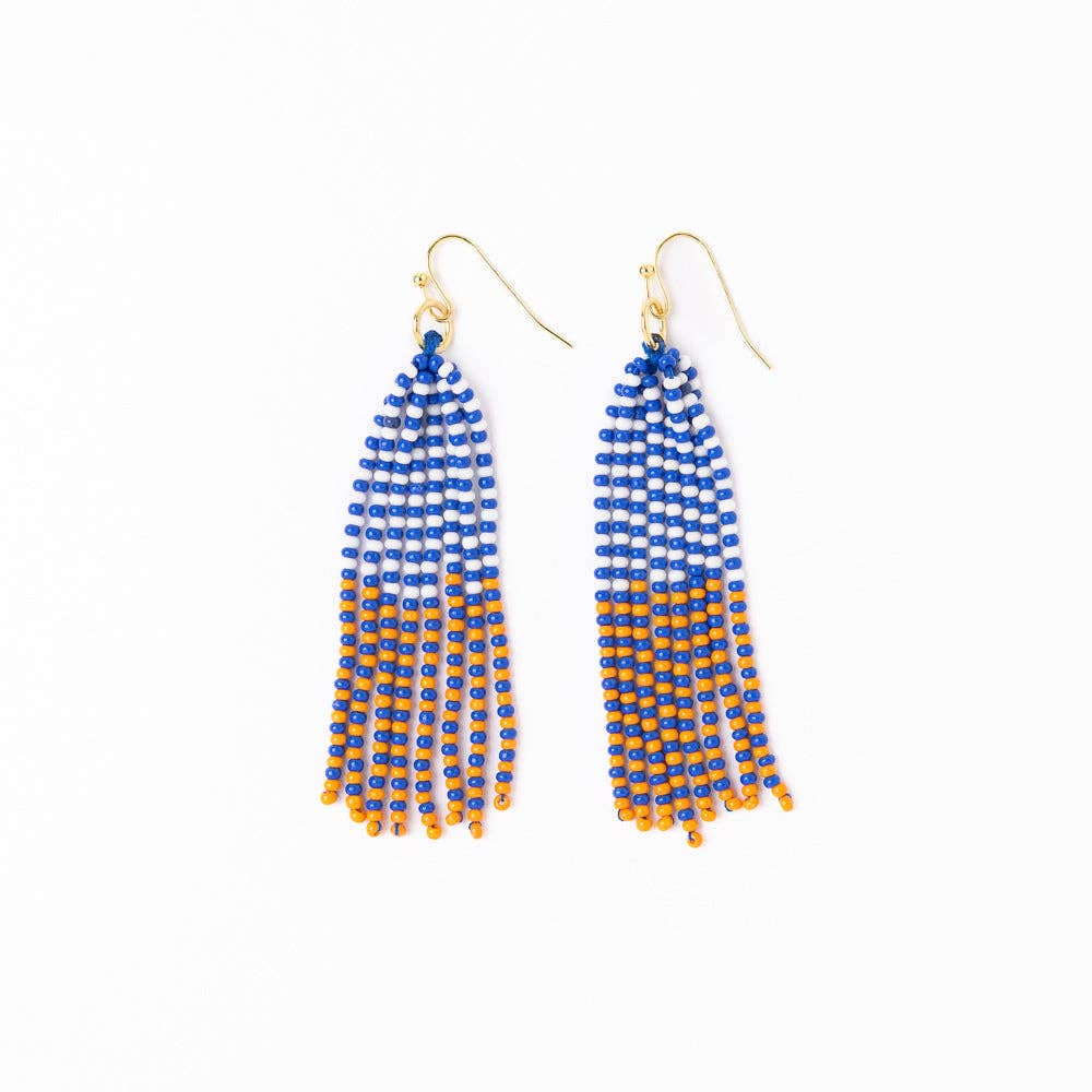 Game Day Tassel Seed Bead Earrings Blue + Orange