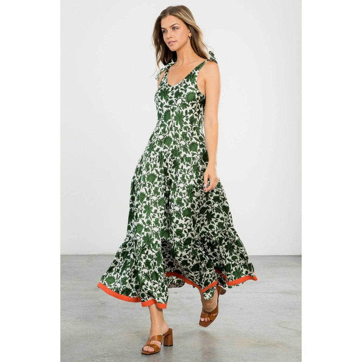 Cream Sleeveless Maxi Dress with Green Floral Print