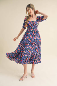 Puff Sleeve Floral Print Midi Dress
