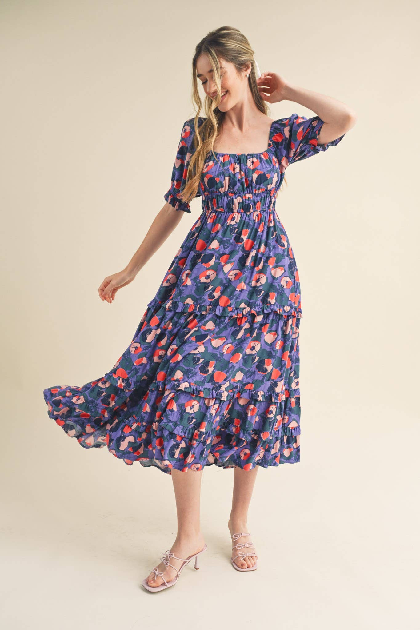 Puff Sleeve Floral Print Midi Dress