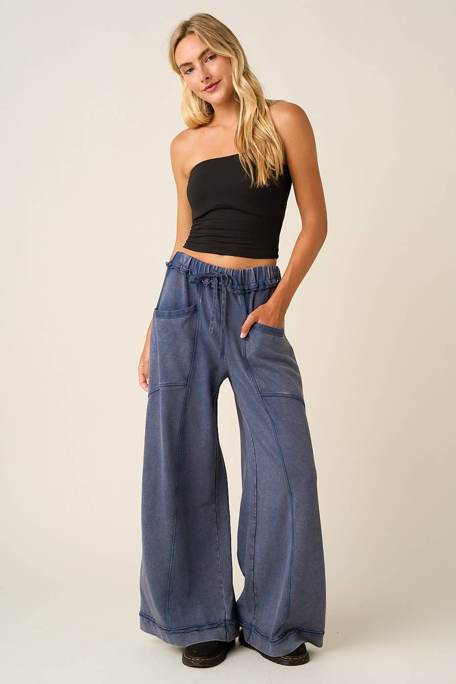 Mineral Wash Curved Seam Wide Leg Pants