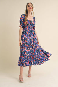 Puff Sleeve Floral Print Midi Dress