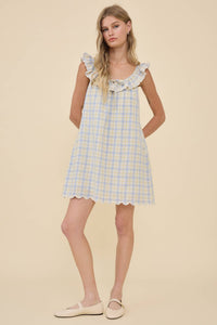 Plaid Embroidered Lace Ruffle Mini Dress