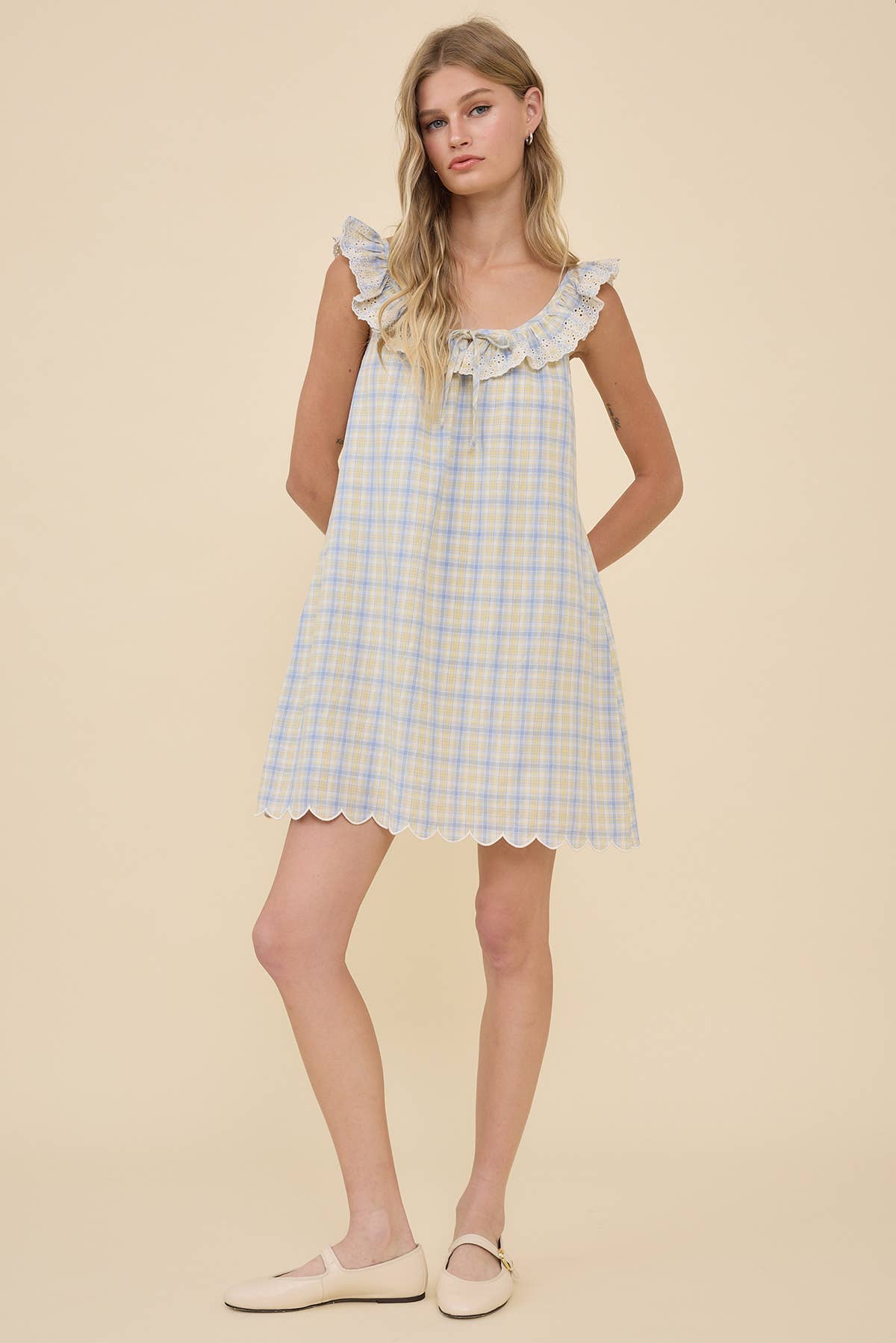 Plaid Embroidered Lace Ruffle Mini Dress