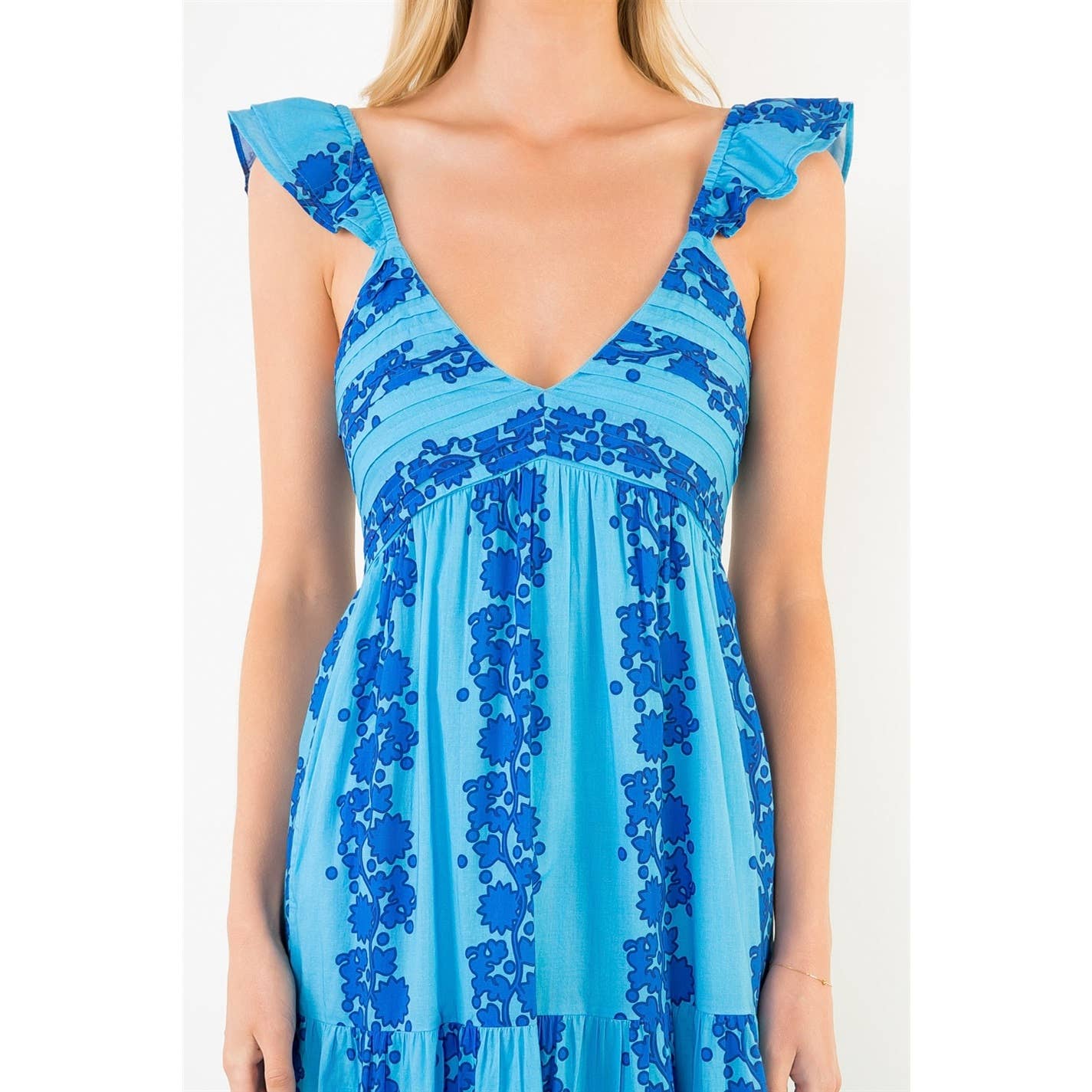 Flutter Sleeve Patterned Print Midi Dress