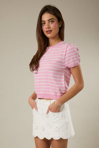 HALF SLEEVE CREW NECK PUFF STRIPED SWEATER TOP