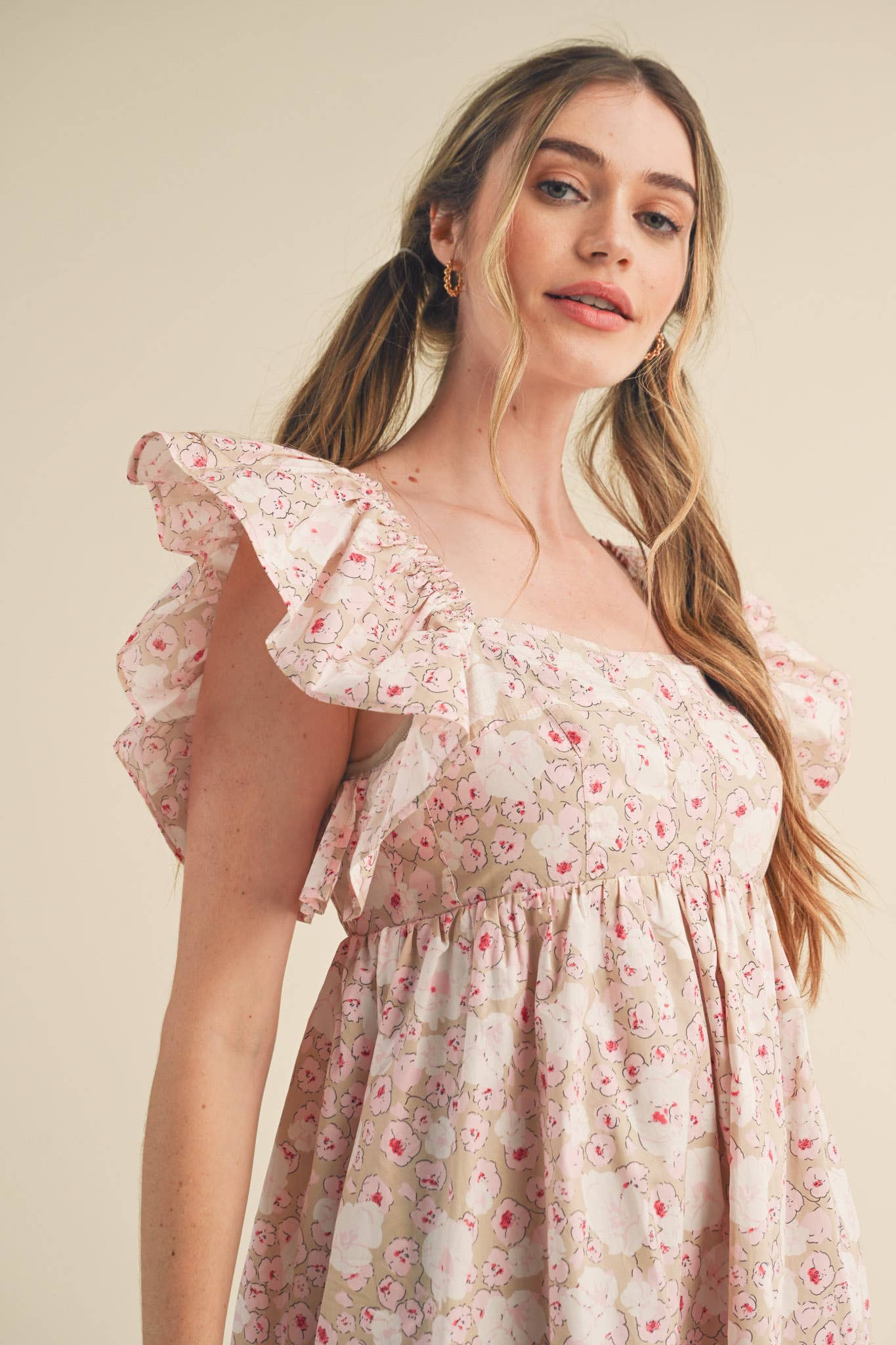 Floral Print Ruffles Flutter Sleeve Mini Dress