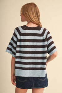 Striped Short Sleeve Sweater Caridgan