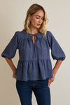 ROUND NECK FRONT TIE 3/4 SLEEVE TOP