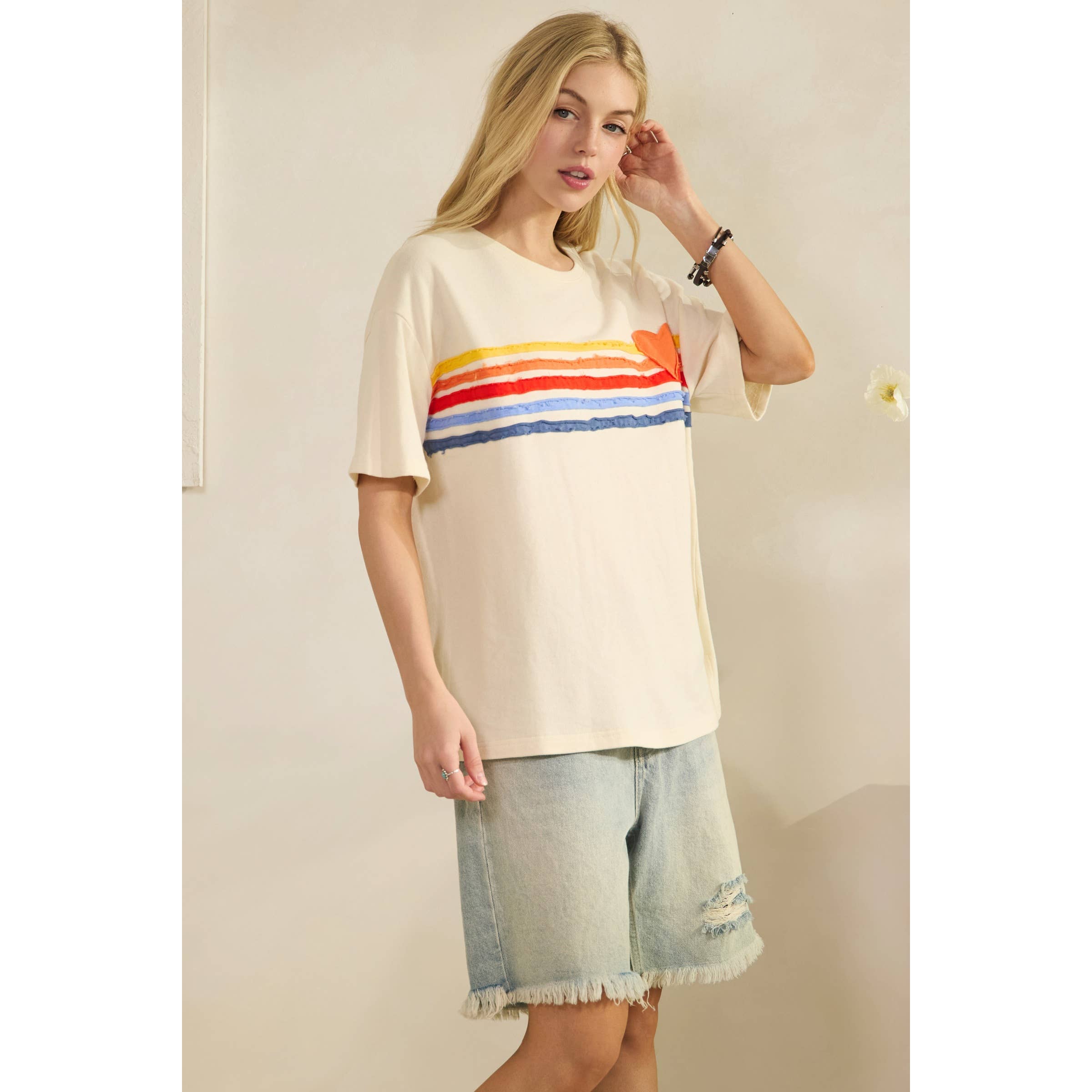 Retro Rainbow Stripe Distressed Tee