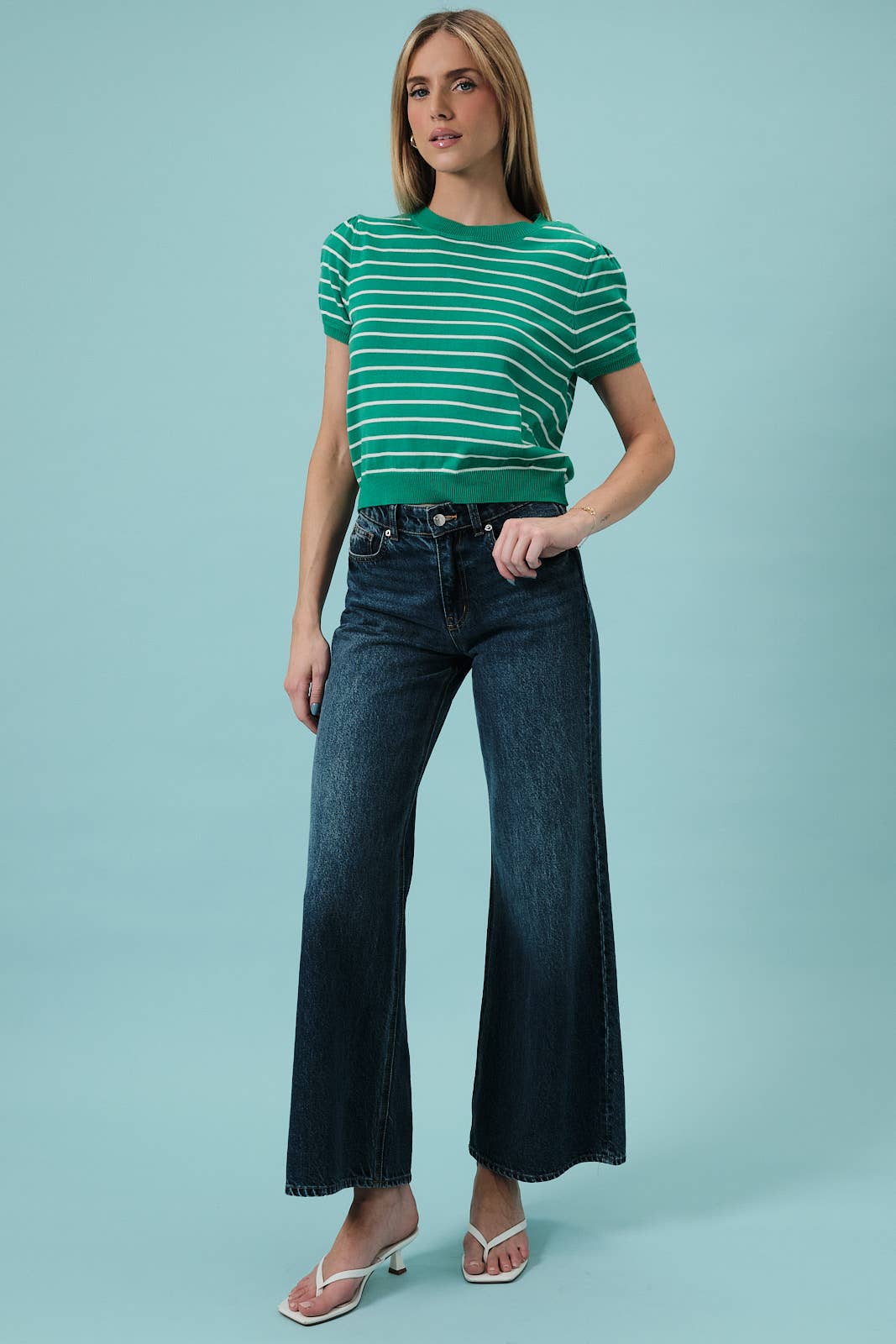 HALF SLEEVE CREW NECK PUFF STRIPED SWEATER TOP