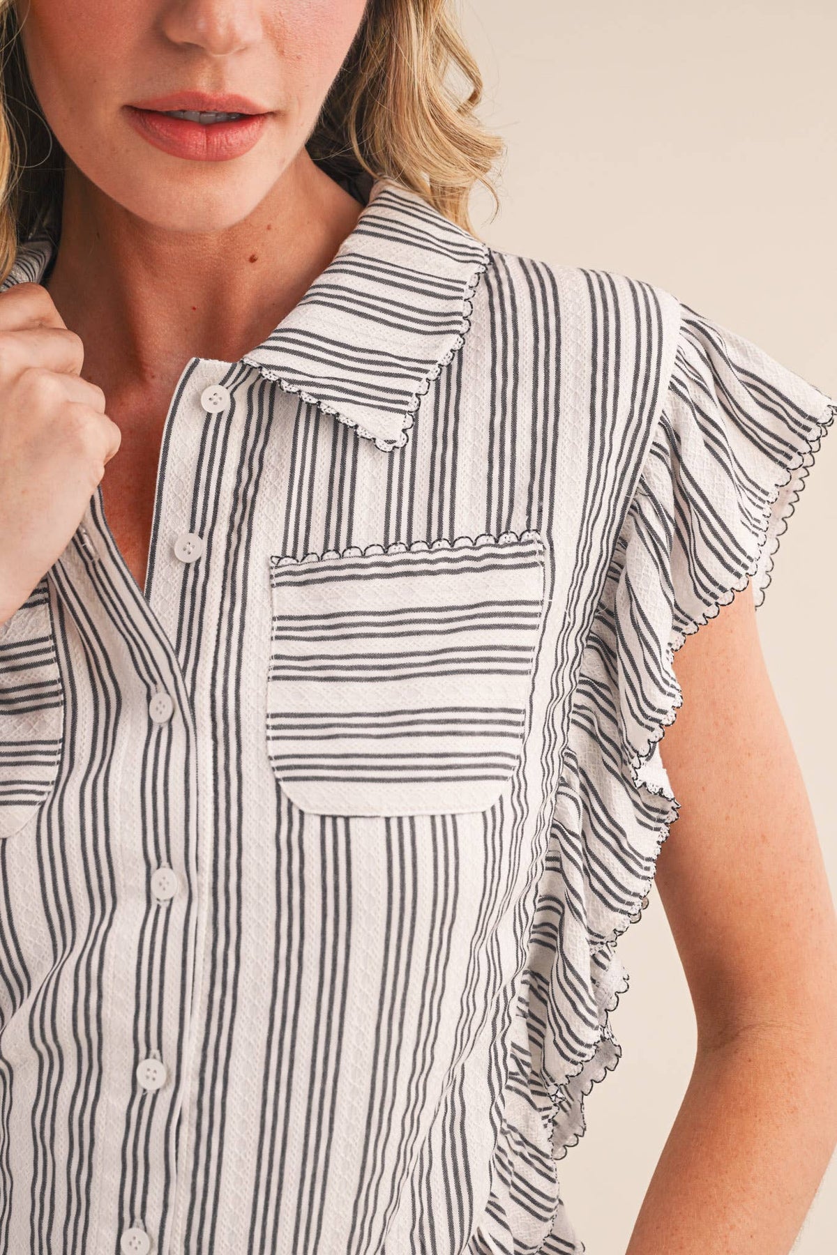 Striped Button Down Top With Scalloped Lace Trim