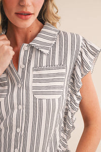 Striped Button Down Top With Scalloped Lace Trim
