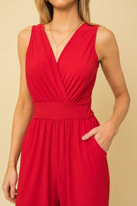 SURPLICE SLEEVELESS WAIST DEFINED CROPPED JUMPSUIT