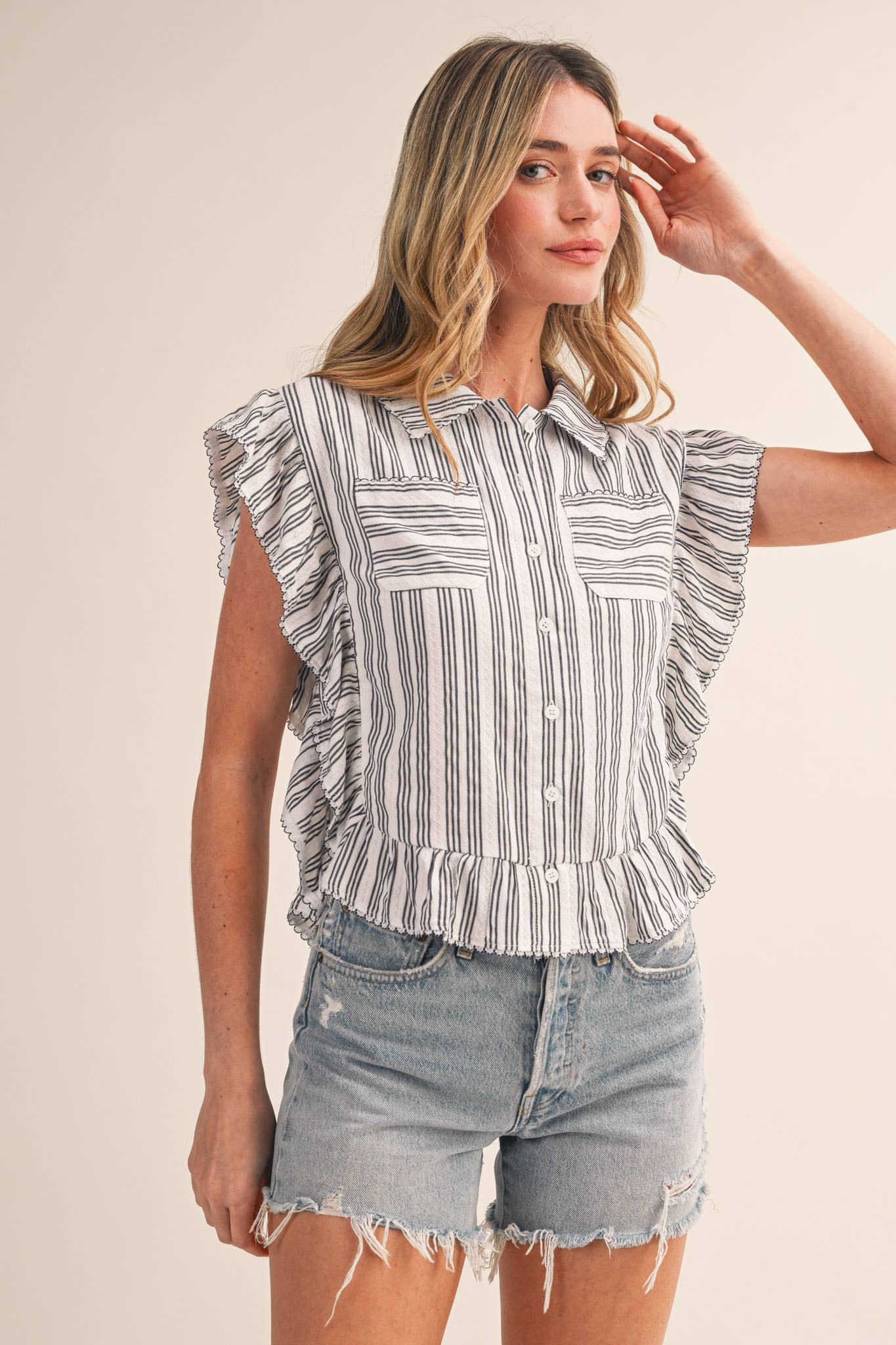 Striped Button Down Top With Scalloped Lace Trim