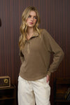 MOCK NECK HALF SNAP BUTTON LONG SLEEVE KNIT TOP