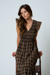 Plaid Smocked V-Neck Button Down Ruffled Midi Dress