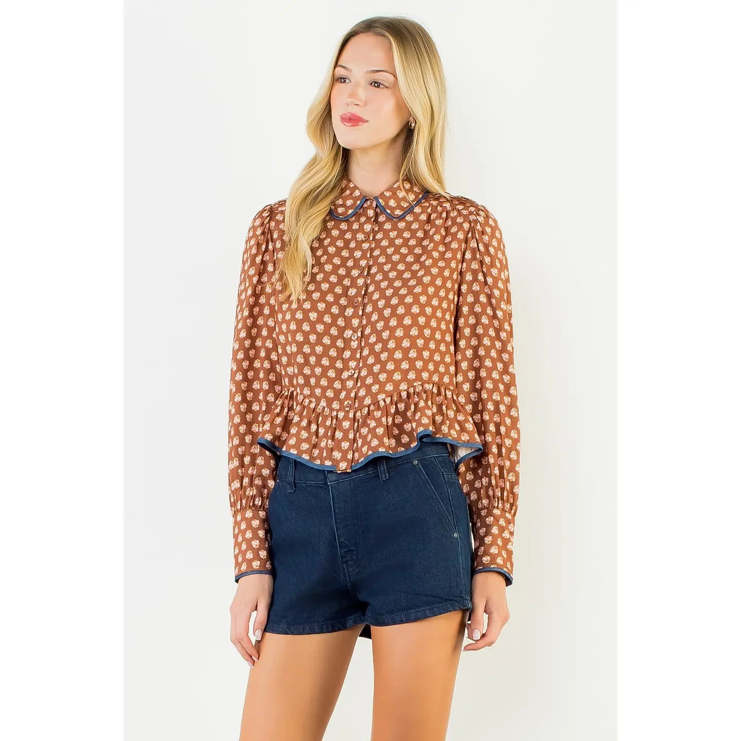 Long Sleeve Floral Pattern Button Down Top