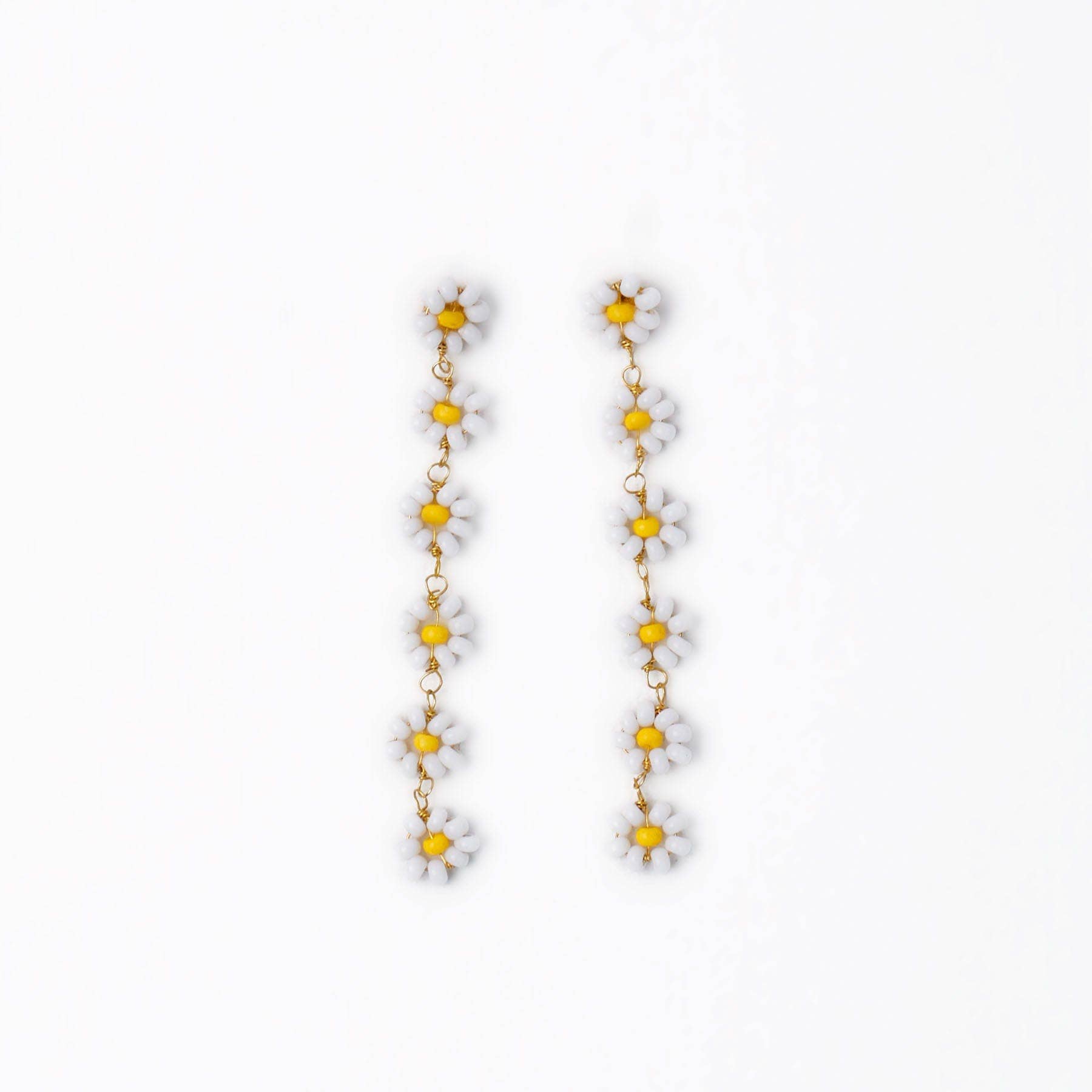 Amanda Flower Beaded Dangle Earrings White + Yellow