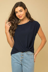 SOLID WOVEN TEE WITH FRONT KNOT DETAIL