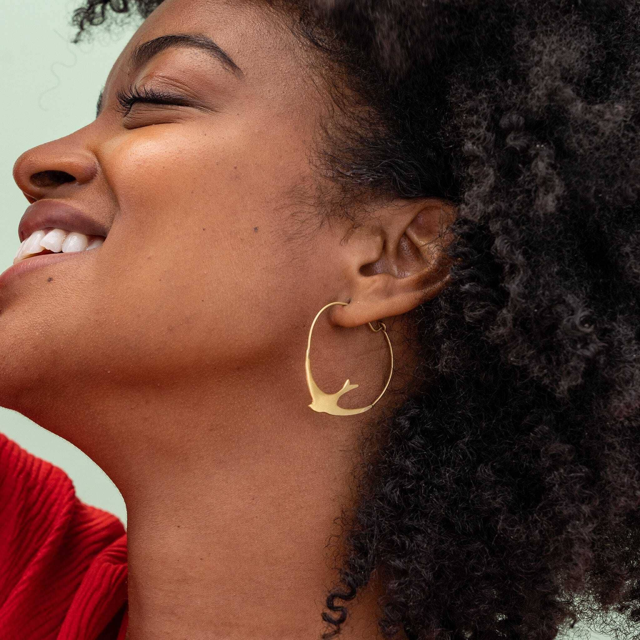 Amelia Circle Bird Hoop Earrings Brass