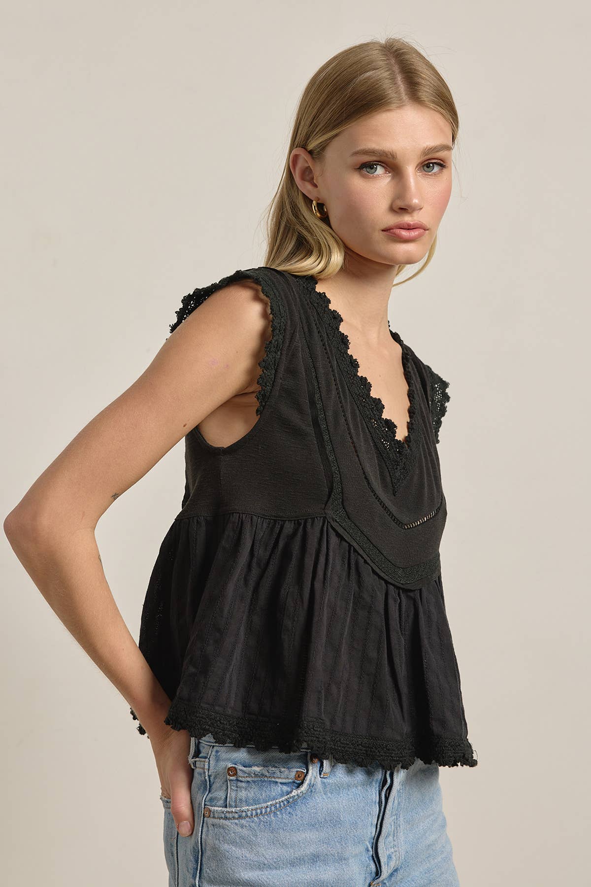 Mixed Knit & Woven Peplum Top