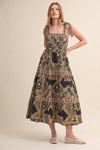 Exclusive Floral Patchwork Tie Strap Midi Dress