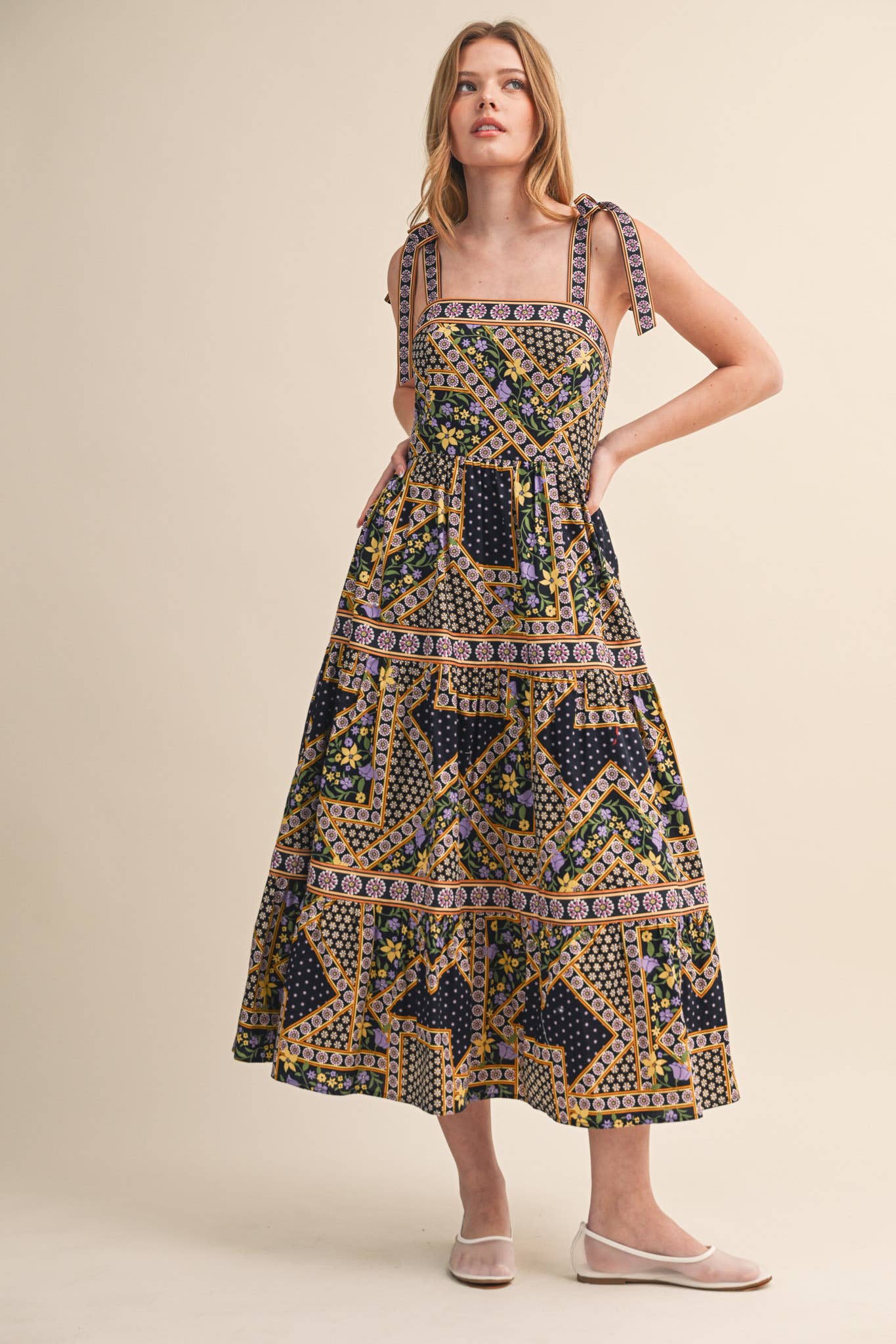Exclusive Floral Patchwork Tie Strap Midi Dress