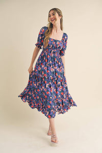 Puff Sleeve Floral Print Midi Dress