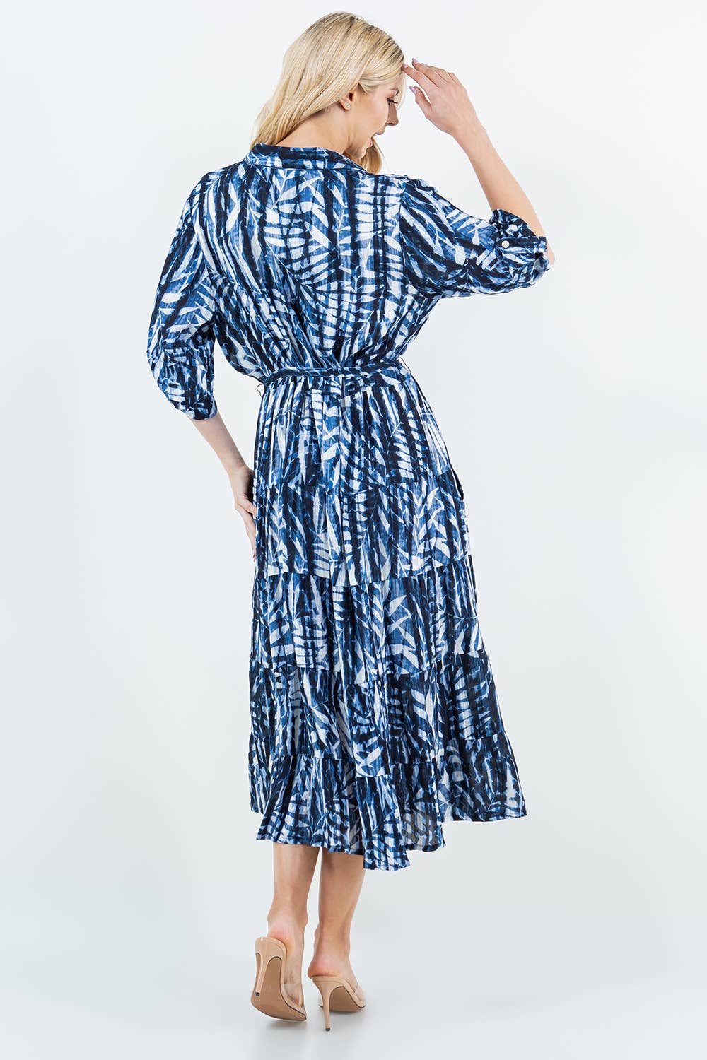 Print Button Down Long Dress with Belt