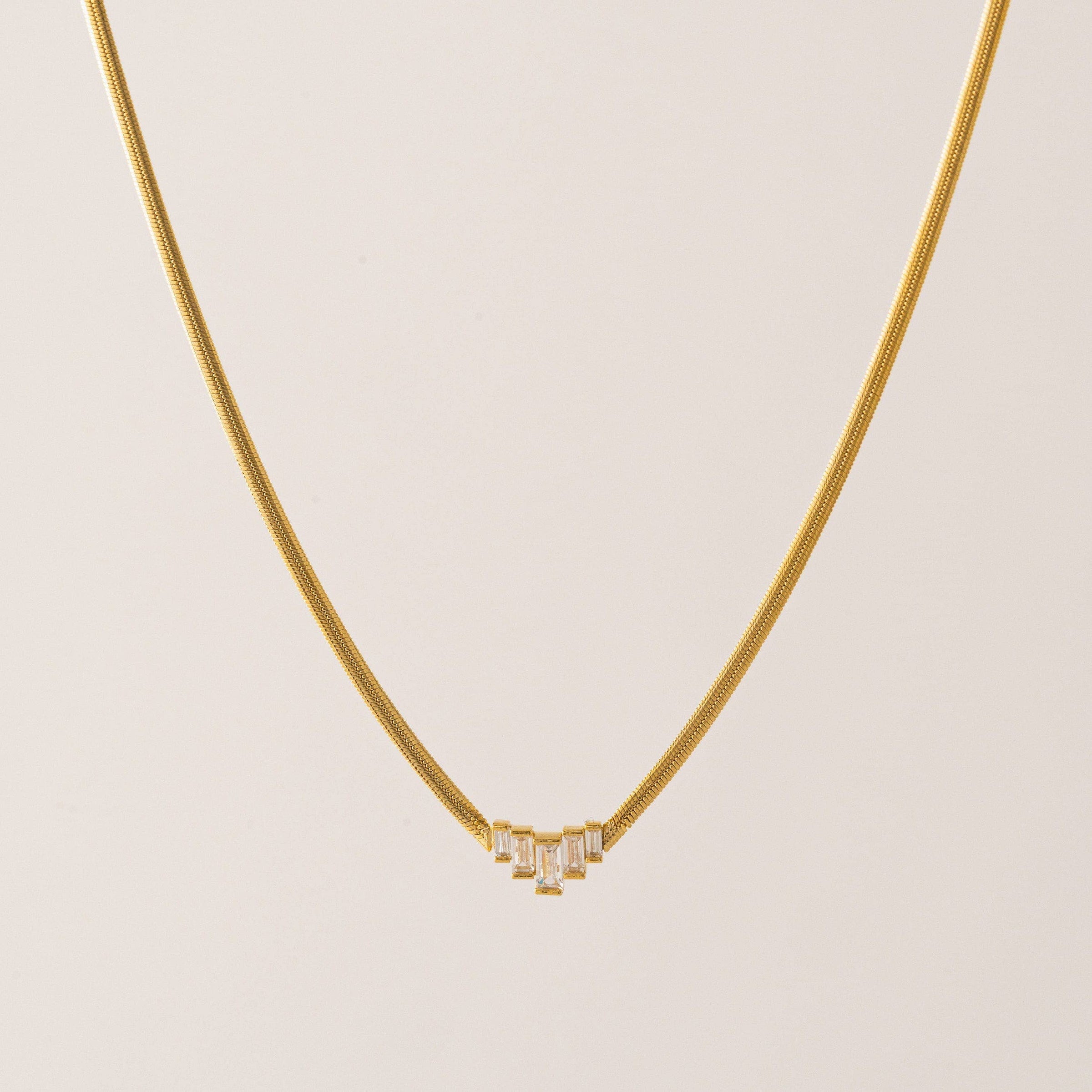 Clarice Necklace | Baguette Pendant | Herringbone Chain