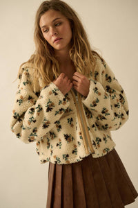 Floral Sherpa Fleece Hooded Zip-Up Jacket