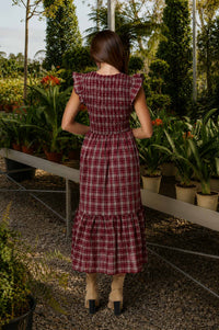 Plaid Smocked V-Neck Button Down Ruffled Midi Dress