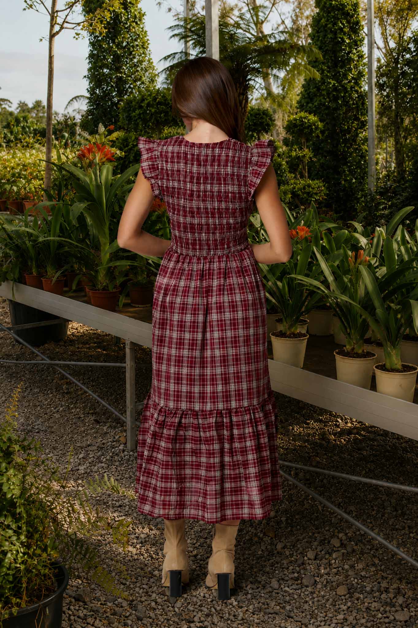 Plaid Smocked V-Neck Button Down Ruffled Midi Dress