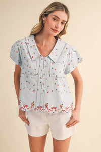 Embroidered Floral Bubble Sleeve Button Down Top