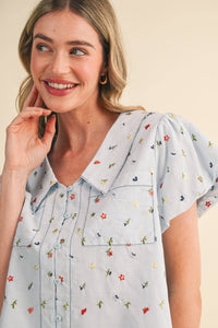Embroidered Floral Bubble Sleeve Button Down Top