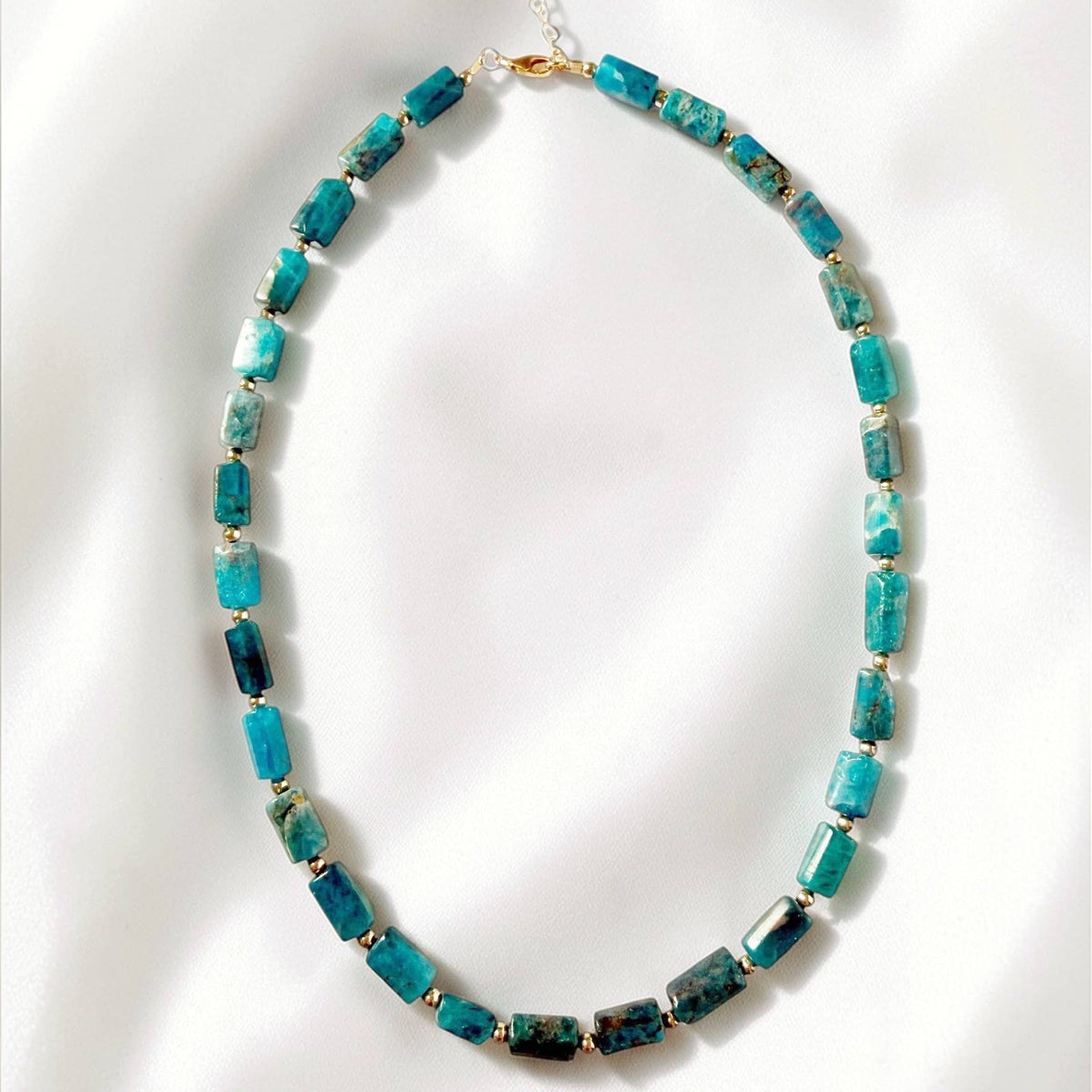 Pacific Blue Apatite Gemstone Beaded Necklace Gold Filled