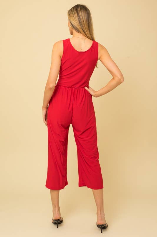 SURPLICE SLEEVELESS WAIST DEFINED CROPPED JUMPSUIT
